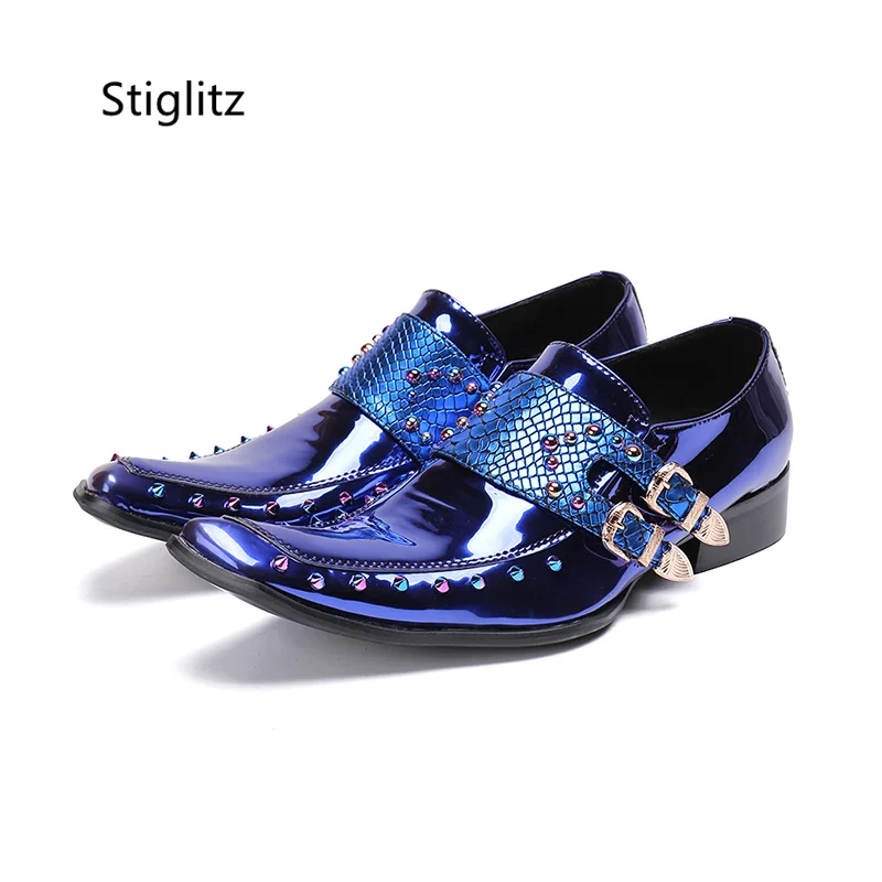 

Blue Rivet Handmade Men's Shoes Patent Leather Square Toe Chelsea Leather Shoes Belt Buckle Luxury Business Party Shoes Male