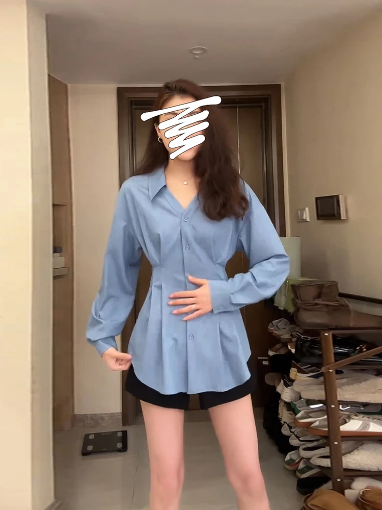 

Plus Size plus Size Women's Slimming Long Sve irt V-Ne High Waist Design Spring Casual Wear Conceal Belly Meat Korean Sle