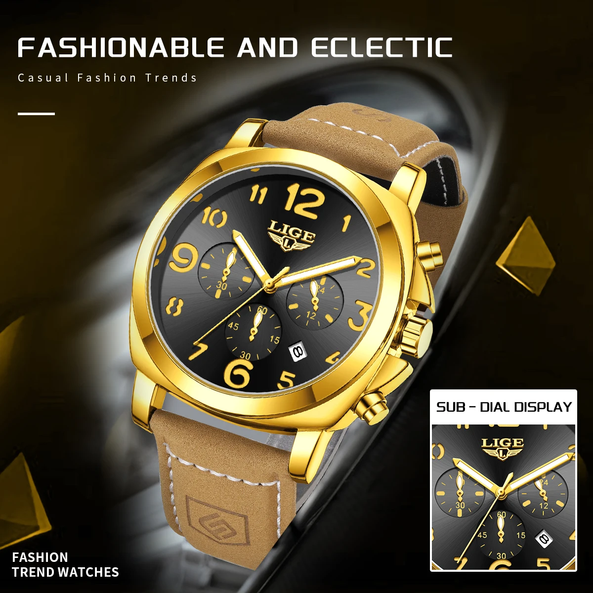 LIGE Fashion Street Style Man Watch Casual Sport Leather Strap Military Waterproof  Auto Date Quartz Watches for Men Chronograph