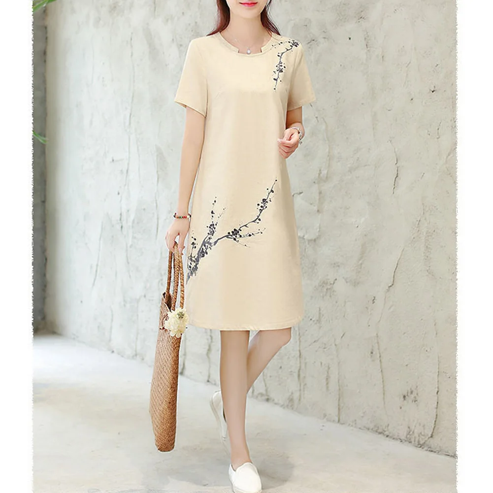 Women Casual Loose Flower Printing Short Sleeve Dress