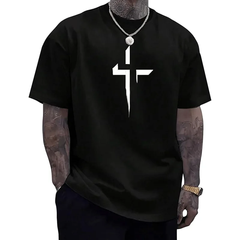 

Creative 100% Cotton For Men's Summer Casual Short-Sleeved T-Shirt With Cross Pattern FashionPrint And Round-Neck T-Shirt Top