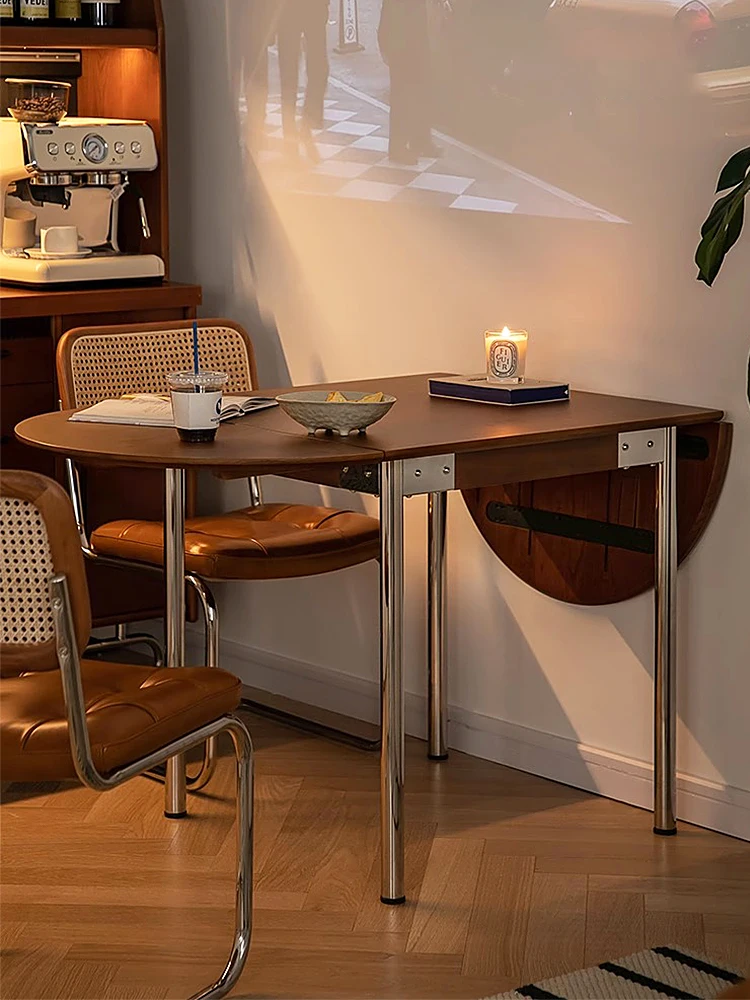 Medium and retro solid wood stainless steel foldable dining table and chairs household small retractable rectangular table