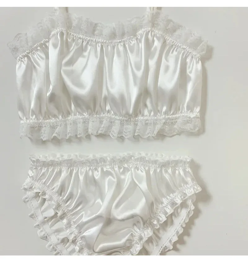 

Сексуальное кружевное атласное нижнее белье без косточек, мужской комплект, Лолита, комод, бикини, вечерние, нижнее белье, кружевной бюстгальтер с рюшами, трусики-стринги ﻿