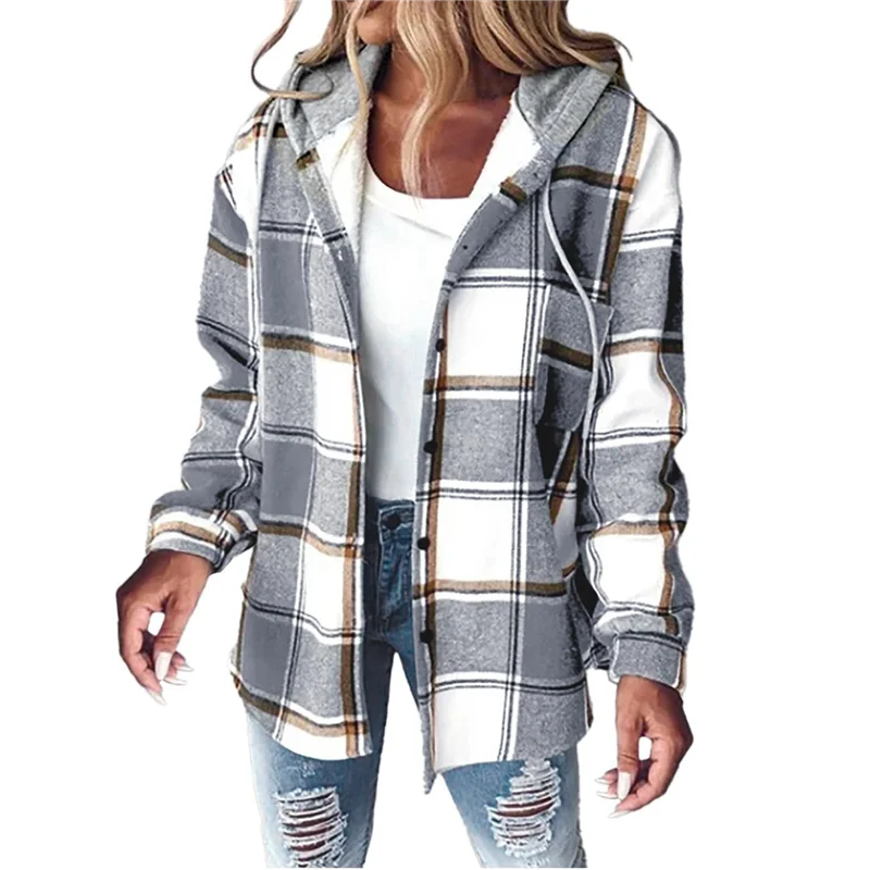 

ASDS-Women's Plaid Shirts Button Down Long Sleeve Jacket Fleece Lined Hoodie Casual Trendy Blouse Top