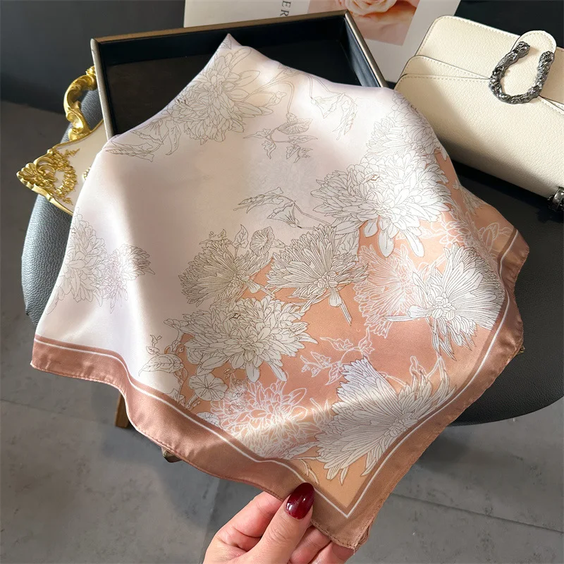 Luxury Brand 70cm*70cm Square Silk Scarf Women Hijab Flower Print Scarves Shawl Wraps Neckerchief Hair Ribbon Headband Bandana