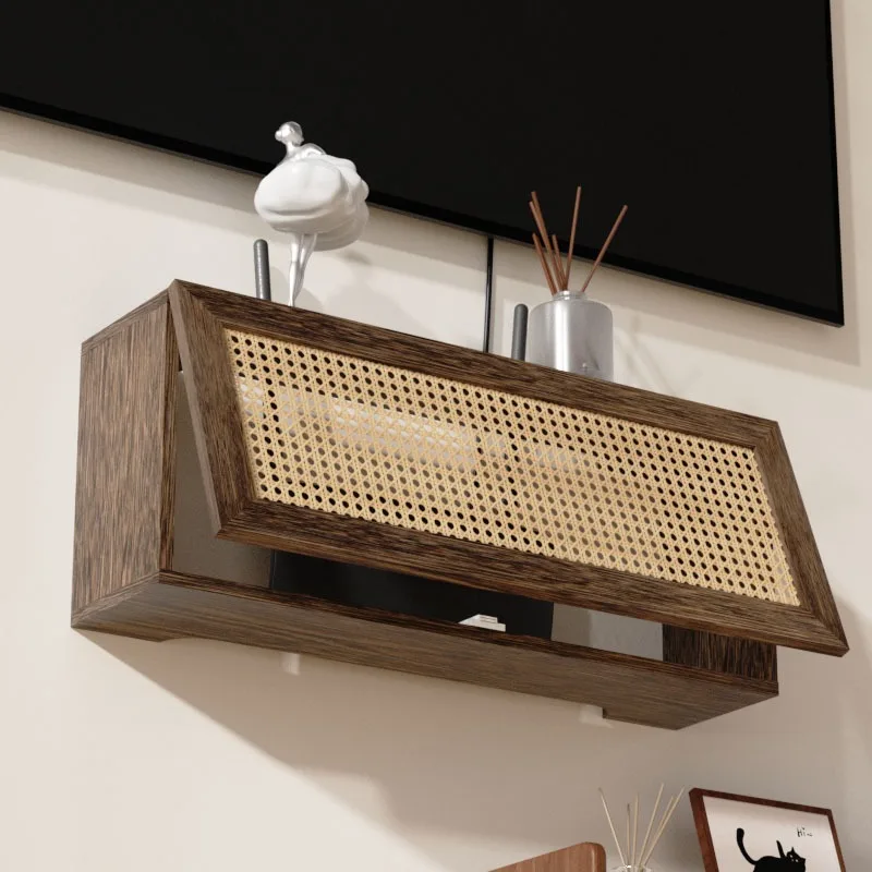 Solid Wood Rattan Wall‑Mount WiFi Router Storage Box Hide Socket Cable Box Set‑Top Box Organizer Wall Hanging Home Decor Shelf