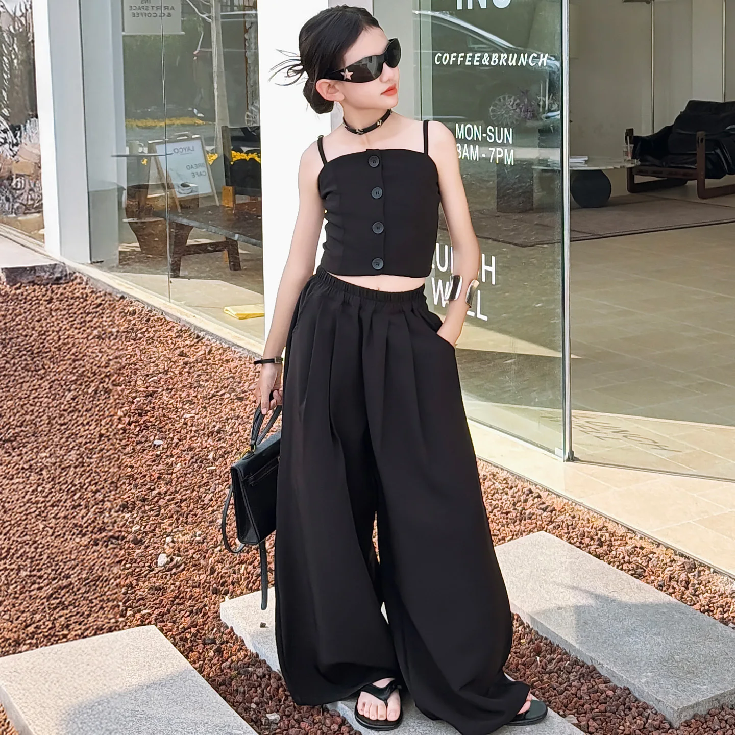 Kids Girls Black Clothing Sets Button Design Vest & Wide Leg Pants Cool Streetwear Two Pieces Suits Children's Korean Outfits