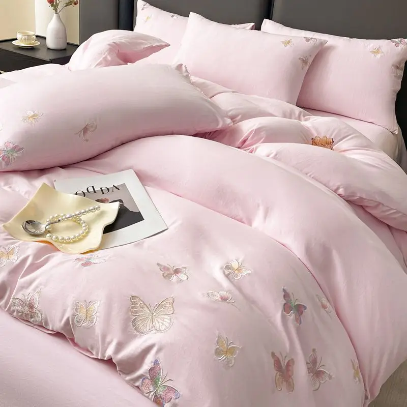 

Korean Style Butterfly Embroidery Princess Bedding 4-Piece Set - Washable Fitted Sheet, Duvet Cover, Year-Round Use, Non-Cotton