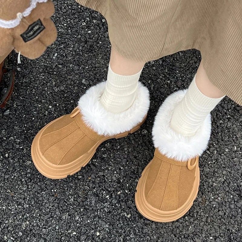 Botines de felpa con plataforma gruesa para mujer, Botas de nieve de piel sintética poco profundas con punta redonda, Botas de algodón suaves y cálidas con parte inferior gruesa para invierno