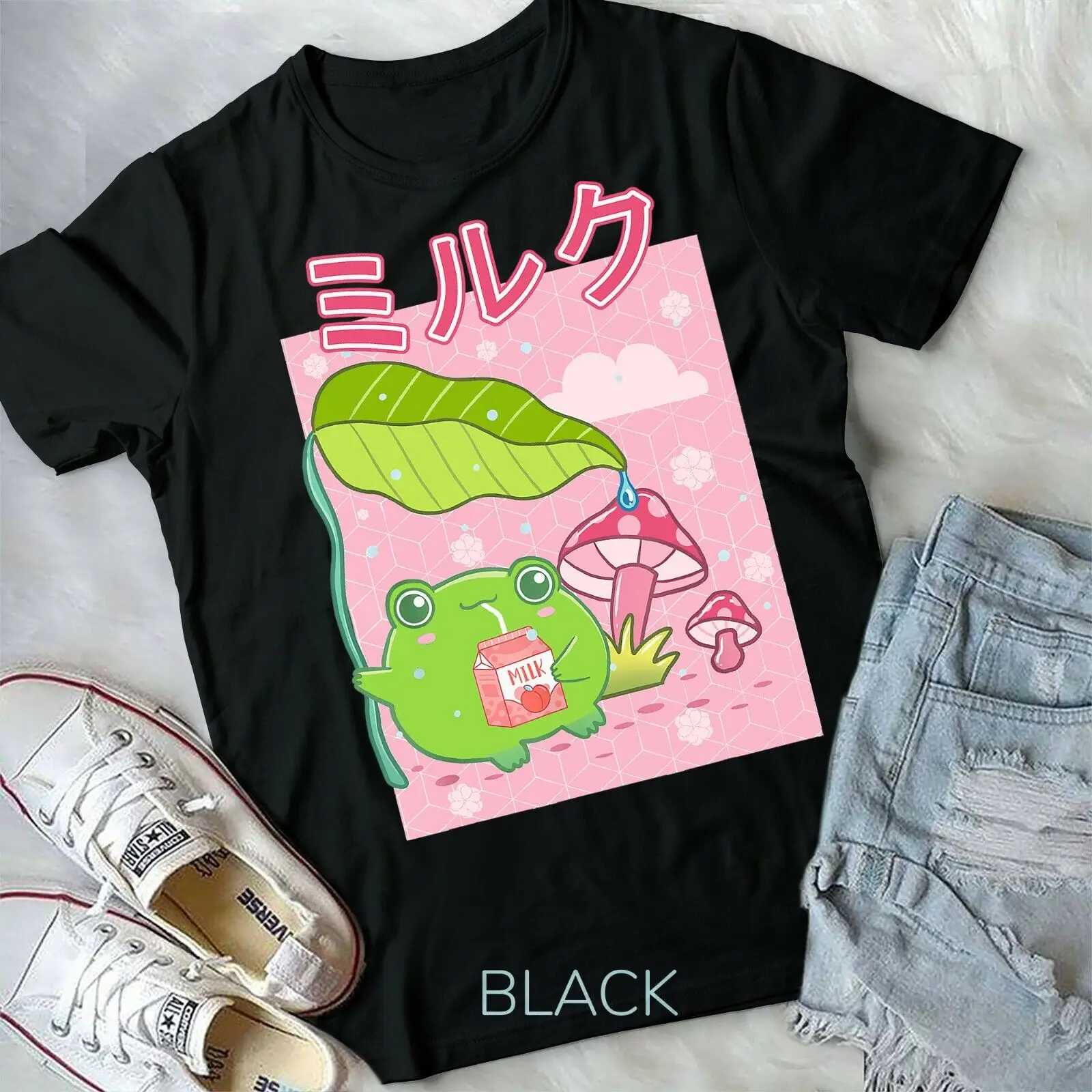 Kawaii Frog Japanese Cottagecore Mushroom Strawberry Milk Unisex Form T-shirt