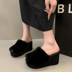 Women Slippers Fur Shoes Ladies Luxury Slides Heels Wedge Pantofle Platform Plush Designer High Fabric Rome Rubber Spring Autumn