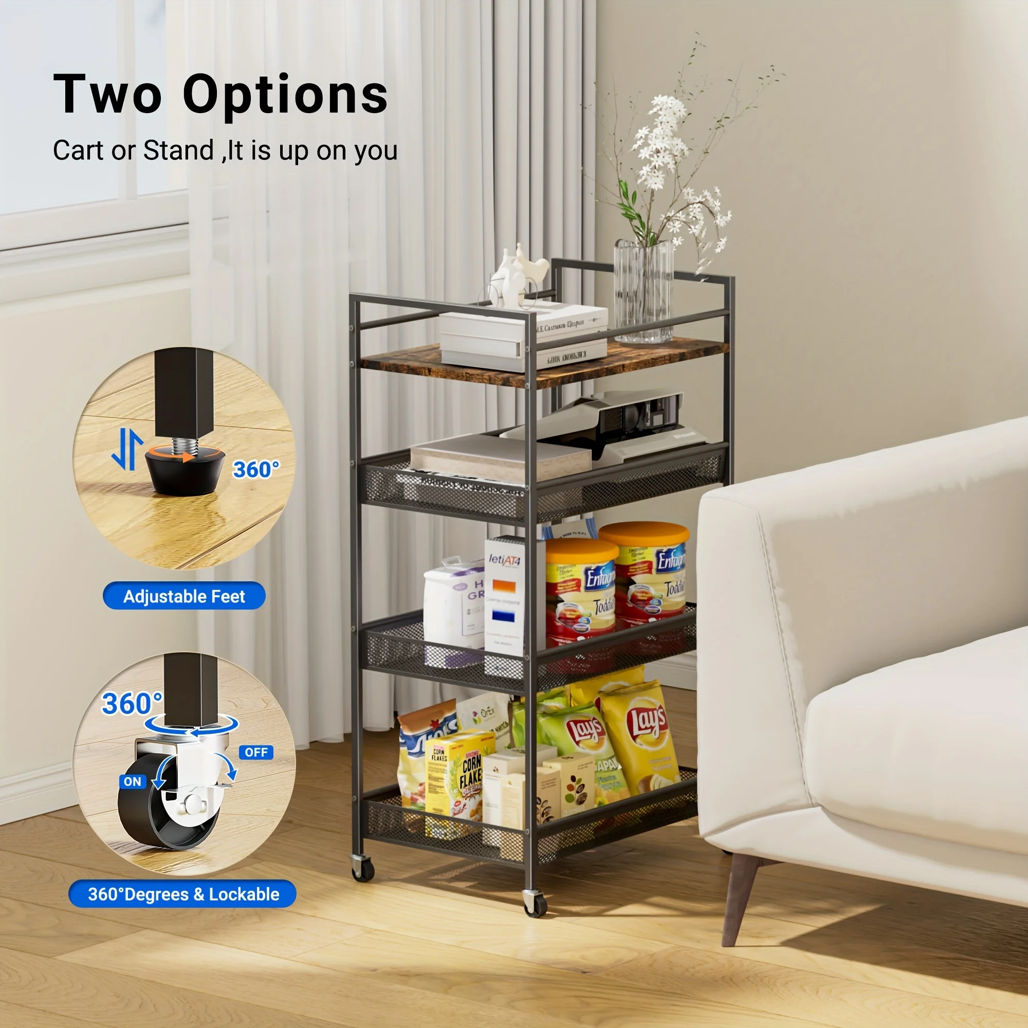 

4 Tier Storage Cart,Narrow Shelving Unit for Small Space Slide Out Narrow Rolling Cart with Wooden Top Metal Handle