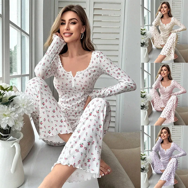 

Sleepwear Women Floral Print Lettuce Trim Top with Long Pant Lovely Loungewear Full Sleeve Nightwear Spring Autumn Pajamas Set