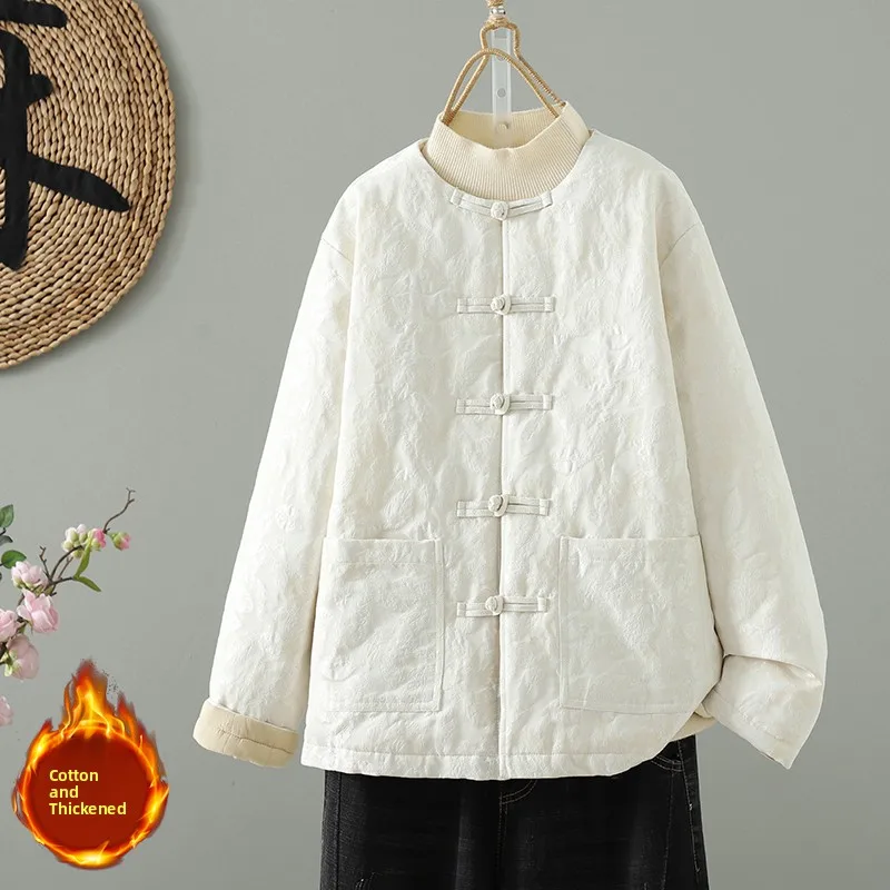 여성용 가벼운 겨울 면 자켓 패셔너블 다용도 추상 패턴 자수 따뜻한 코트 스탠드 칼라 버튼