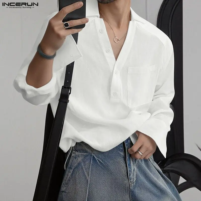 INCERUN قميص رجالي بلون سادة وأكمام طويلة على طراز القرآن ملابس رجالية غير رسمية برقبة على شكل V قمصان برباط ملابس علوية عصرية للرجال