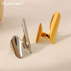 HUANZHI Irregular Geometric Gold Color Glossy Opening Ring for Women Girls Titanium Steel Wide Edge No Fade Jewelry Gifts 2023