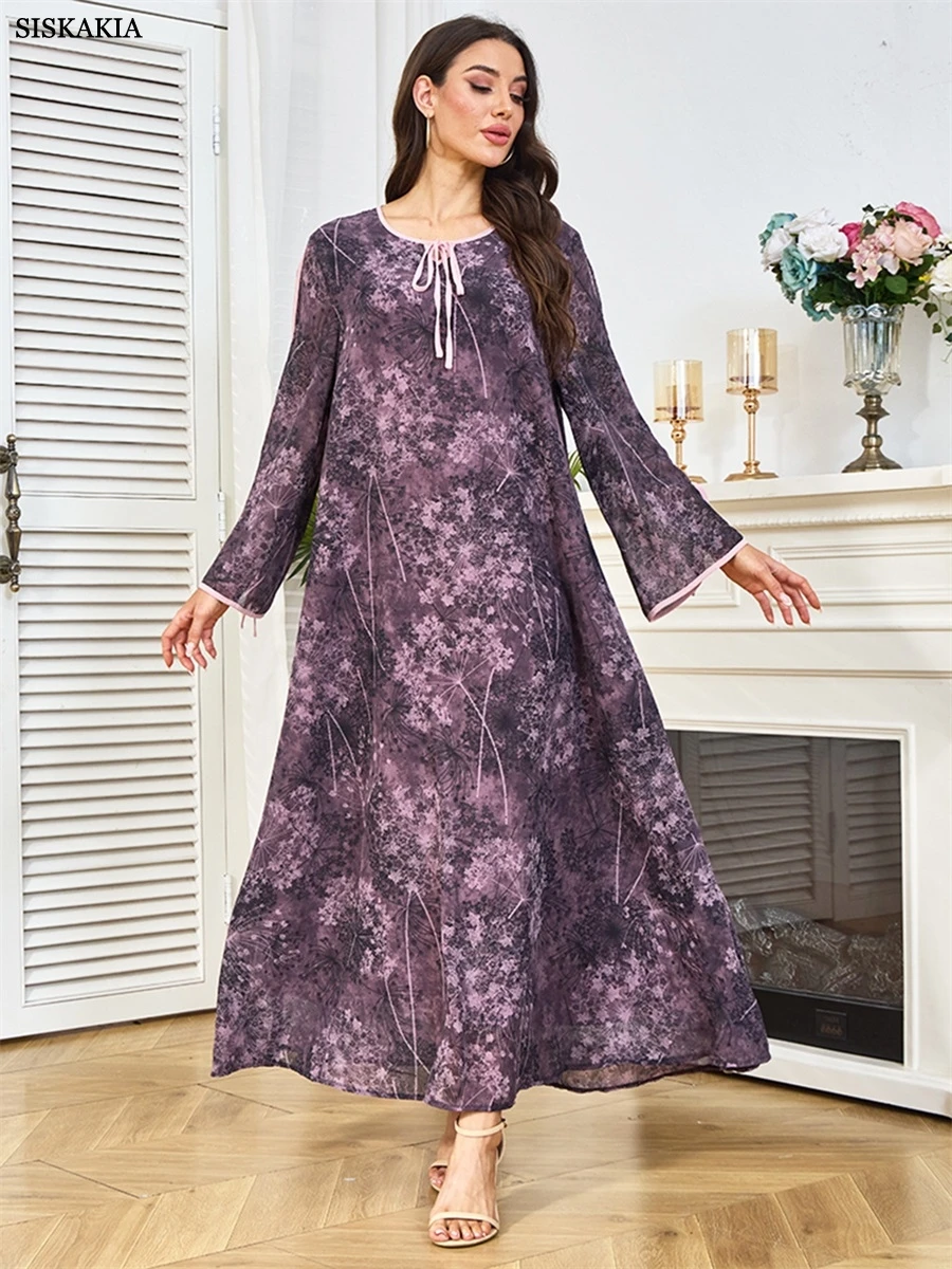 Siskakia Muslim Casual Loose Floral Print Abaya Dubai Woman Bow Long Sleeve Dress Fashion Round Neck Kaftan