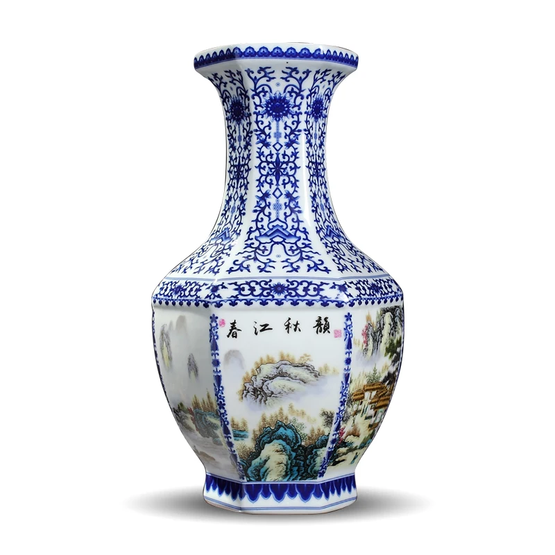 Qing Qianlong Antique Ceramic Vase Blue and White  Hexagon Vase With Flower Antique Porcelain Ancient Porcelain Collection