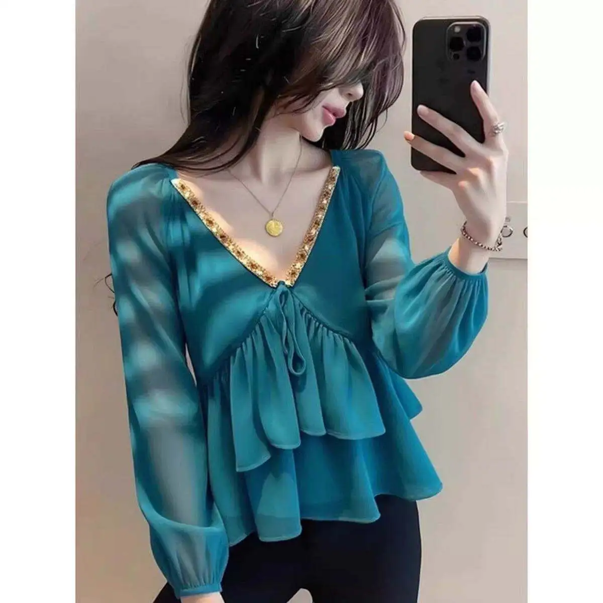 

French Style Women V Neck Ruffles Layers Blue Chiffon Top Shirt , Woman Elegant Slim Beading Patchowrk Spring Tops Shirts