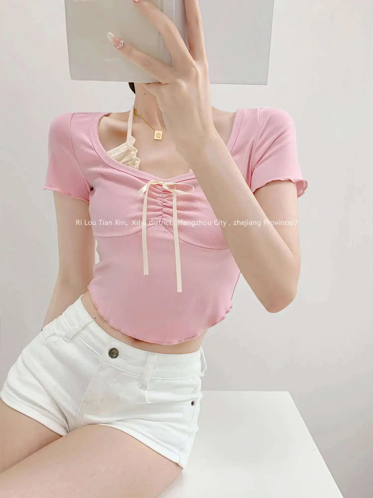 

Летняя новая стильная футболка из двух частей с бантом и деревянными ушками, с коротким рукавом, женская милая нежная короткая футболка на шнуровке PS3T