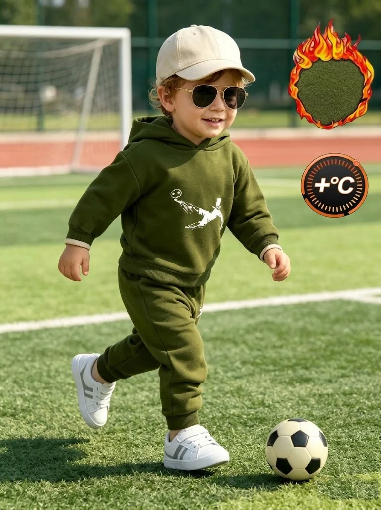 Kids Boy Winter Warm Clothes Set Thick Fleece Soccer Printed Hoodie Pants 2Pcs Toddler Tracksuit Army Green Sportswear