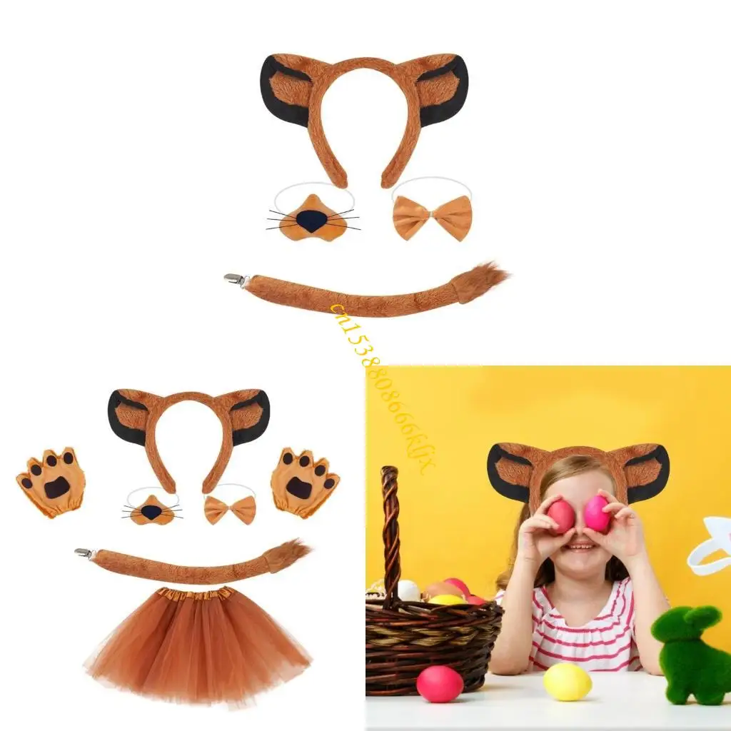 

Kids Lion Costume Set with Headband Tail Bowtie Nose Skirt Halloween Lion Cosplay Outfit Kid Animal Costume Accessory 066C