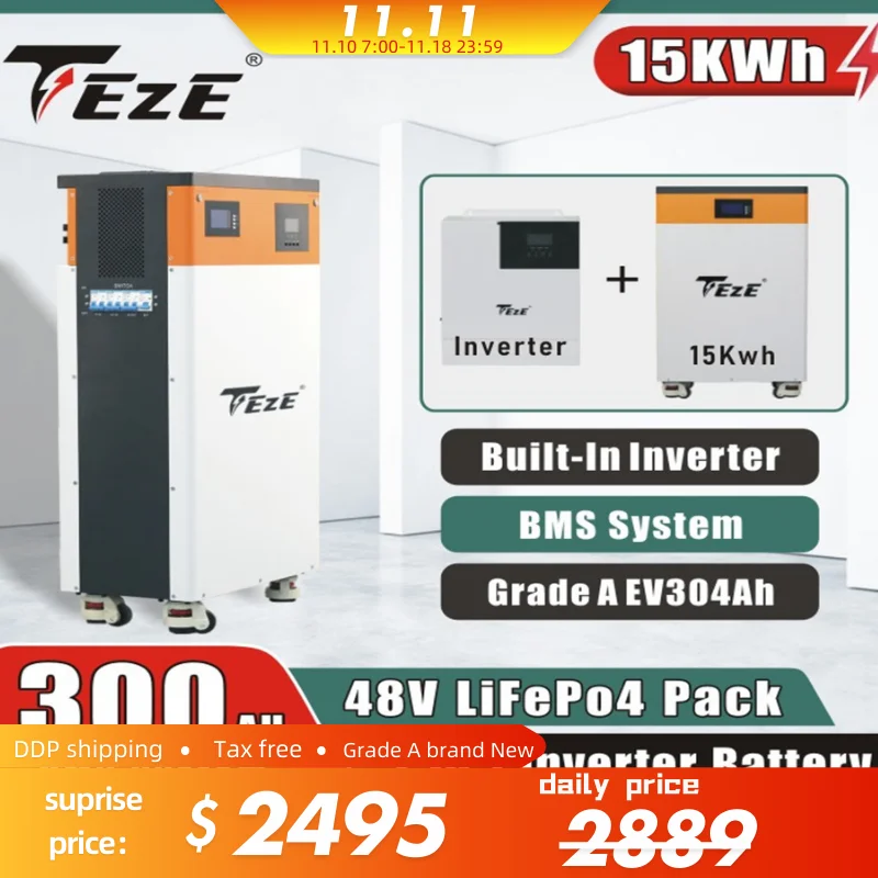 TEZE 48V 15KWh Powerwall 300Ah LifePo4 Battery All In One Solar Energy Storage Bateria System Built-in MPPT&Inverter EU Tax Free