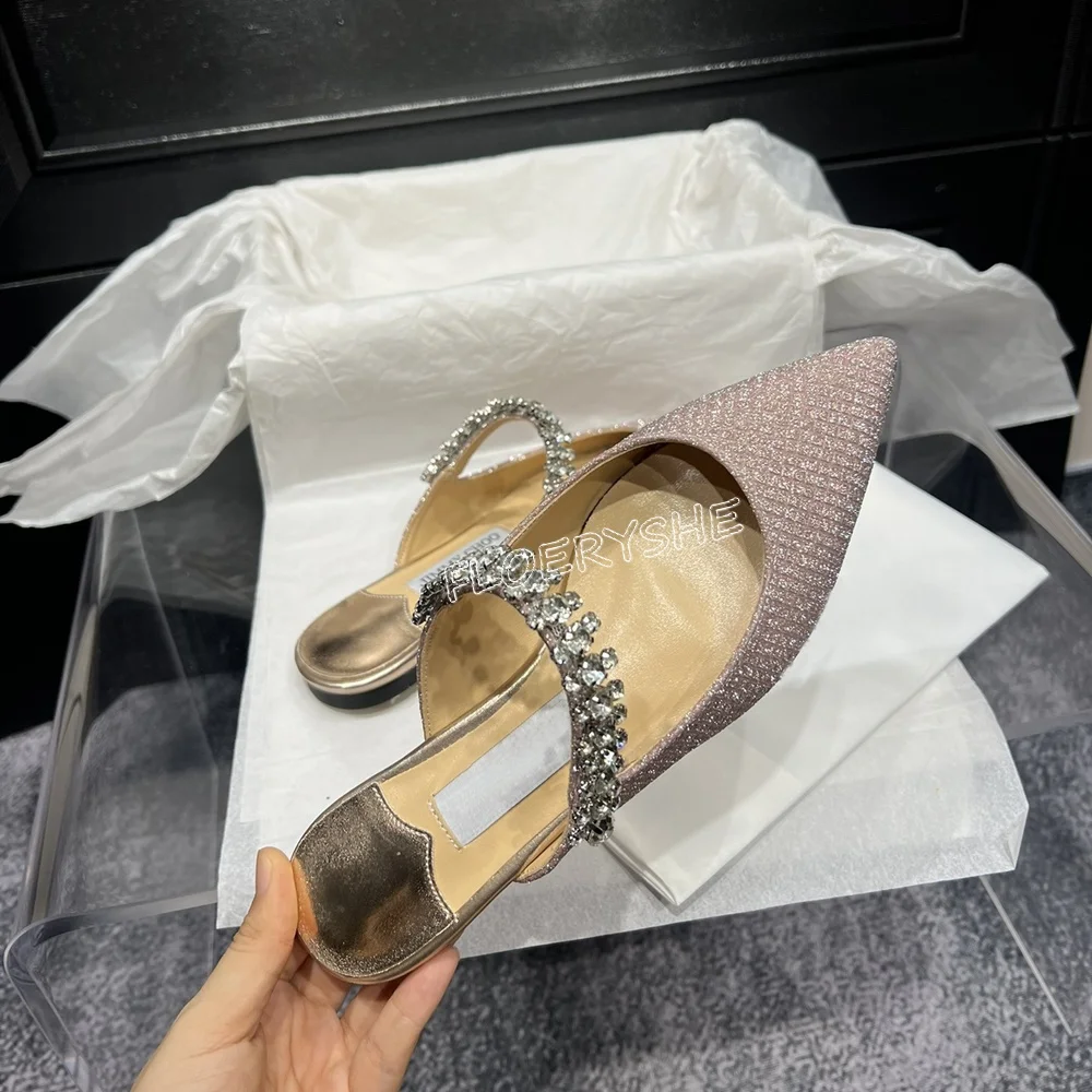 Rhinestone Summer Outer Flat Slippers Ladies Leather Outside Luxury Sandals Fashion Party Dress Pointed Toe Large Size Shoes