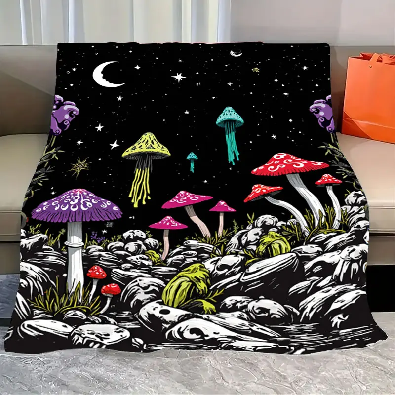 

1pc Flannel Blanket Psychedelic Mushroom Garden Blanket with Starry Night Sky Design