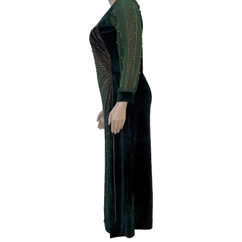 African Women Long Abaya Velvet Pearl Diamond Robe Middle East Dubai Muslim Dress Bodysuit Group High Stretch Material Party