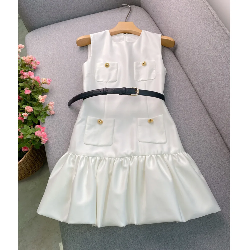 Elegancka Letnia Satynowa Krótka Sukienka Damska Dwurzędowa Bez Rękawów Suknia Balowa Ołówkowa Mini Sukienka Wieczorowa Damski Pasek