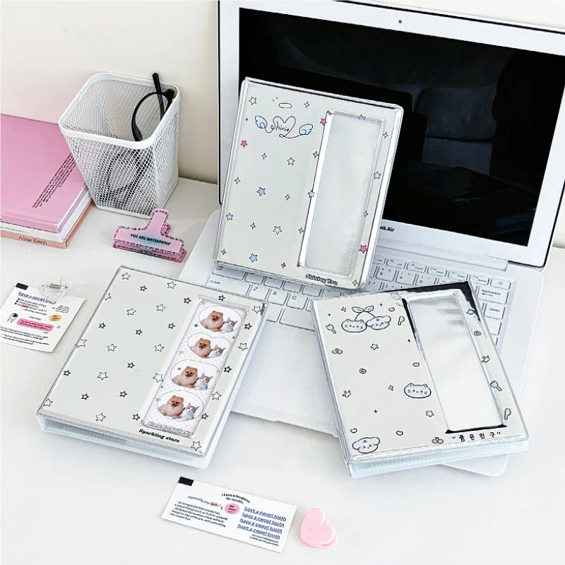 Cartoon Silver 4 Grid Idol Card Photo Booth Album For 40 Pcs 2x6 Inch Photo Strips Bookmark 20 Pcs 4x6 4R Photo Holder