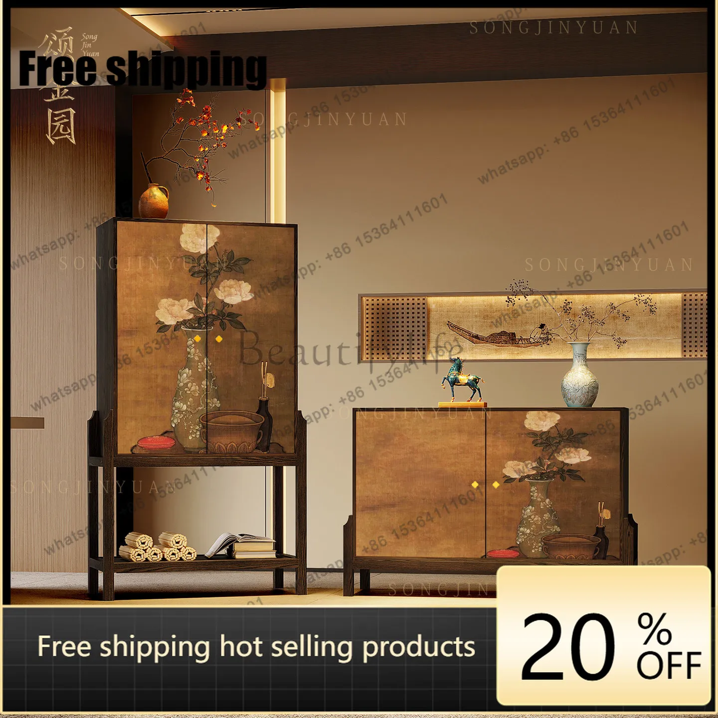 LX solid wood Zen decorative cabinet, multi-functional storage and storage high and low cabinet