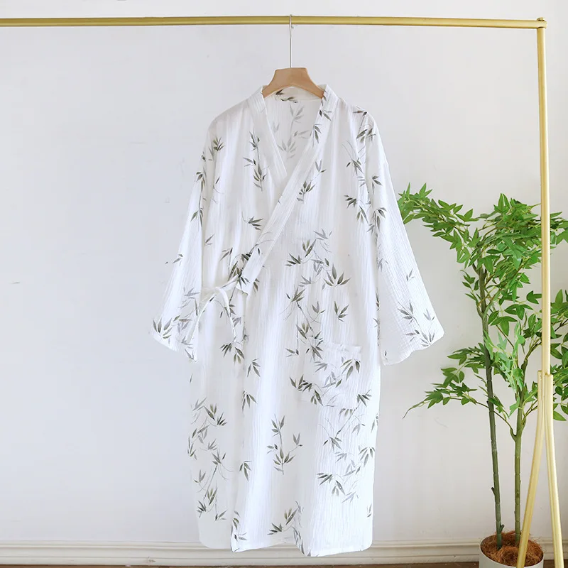Cotton Fabric Bamboo Printed Sleepwear Bathrobes for Women Spring and Summer Double-layer Thin Home Clothing Pyjamas Robes 5