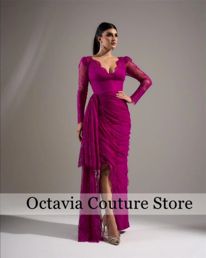 

Customized Exquisite V-Neck Off the Shoulder Long Sleeves Evening Dress High Quality Lace Prom Dresses Temperament Party Gowns