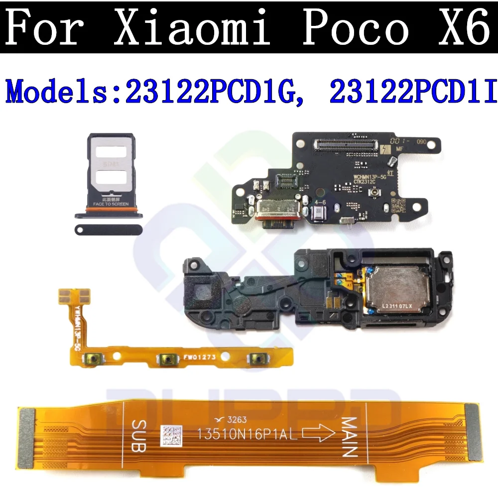 SIM Card Tray Charging Port Board Power Volume Motherboard Flex Cable For Xiaomi Mi Poco X6 Loud Speaker Ringer Buzzer Repair