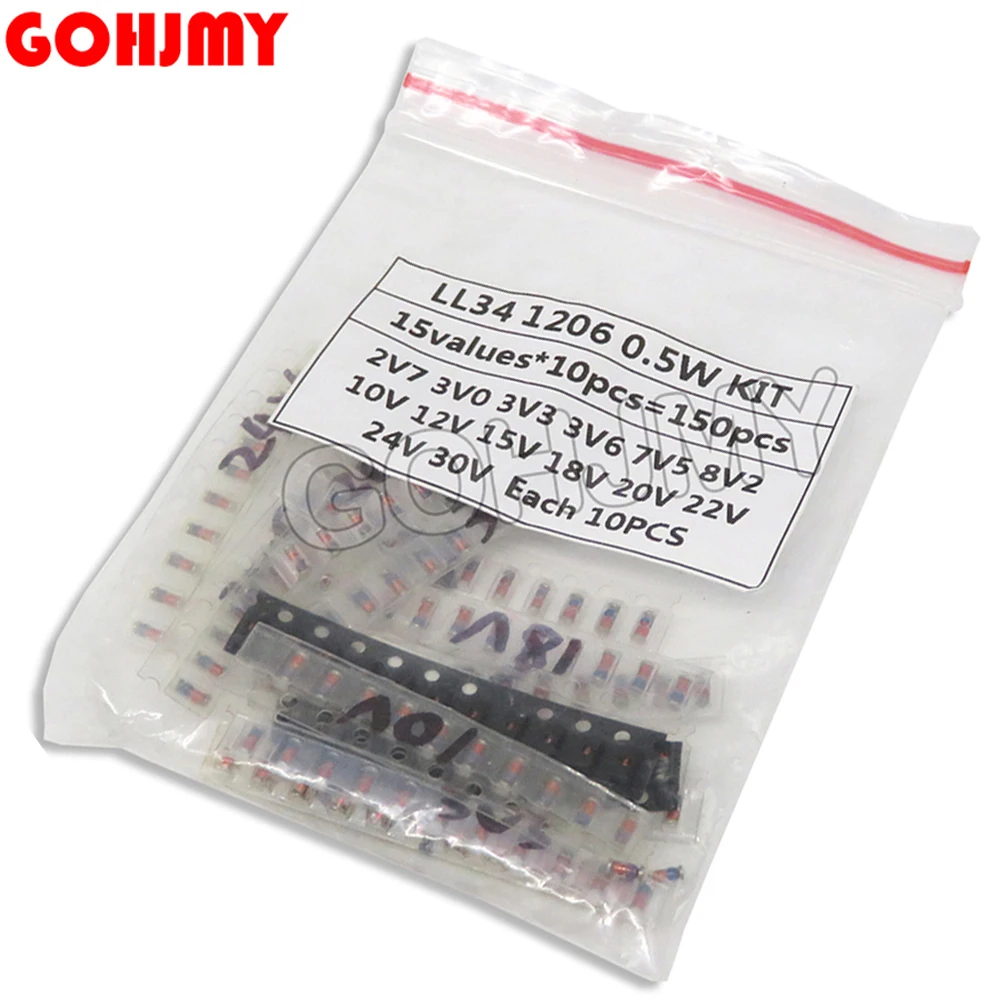 15Value *10PCS=150PCS SMD LL4148 3.3V 4.4V 6.6V 8.8V10V15V 20V 30V 0.5W 2.7V-30V And LL4148 LL34 And Zener Diode Assorted Kit 