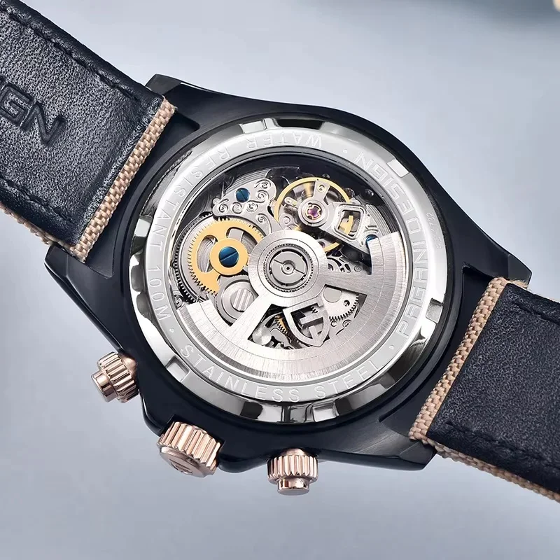 PAGANI DESIGN PD-1732 Automatic Mechanical Watch Multi-Color Crystal Diamond Bezel Black Gold Dial Week Calendar Nylon Fabric