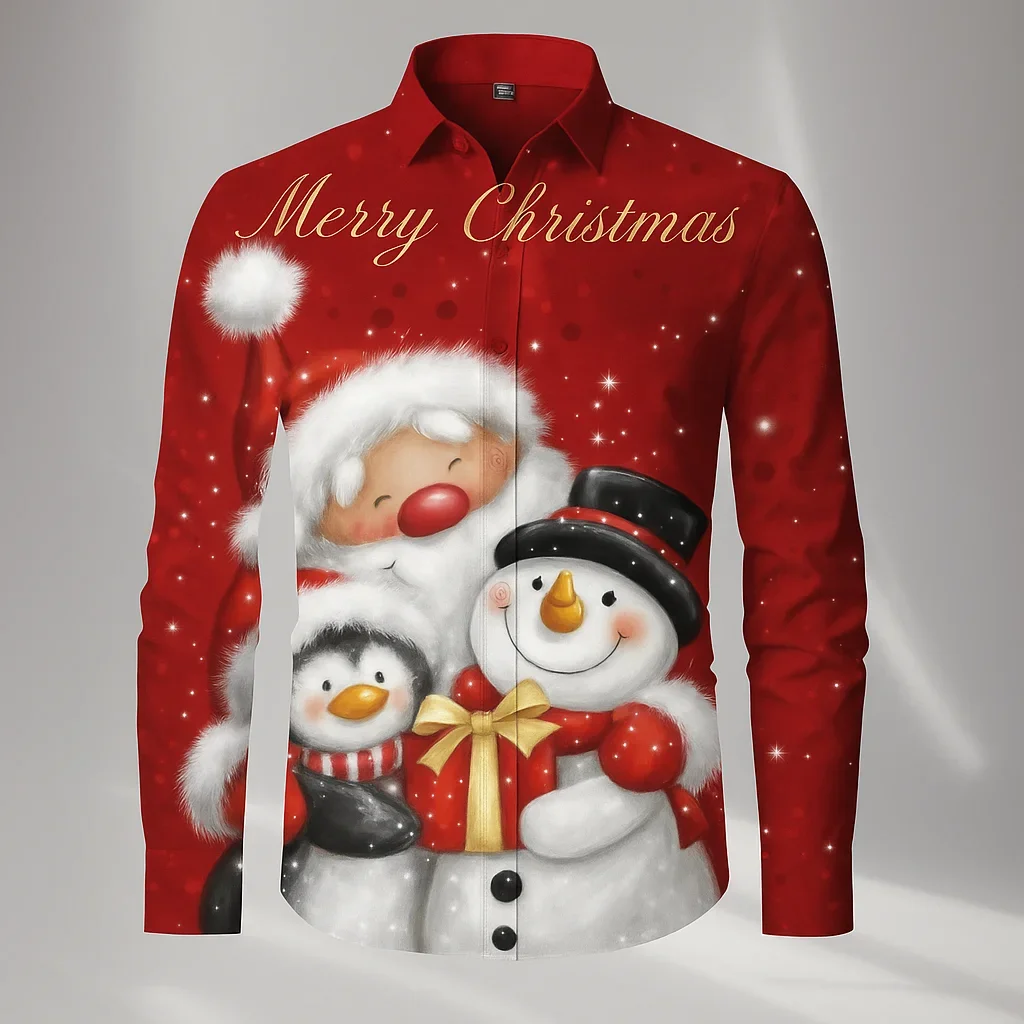 2026 Christmas Men's Snowflake Christmas Theme Gift Shirt Button Up Shirt Long Sleeve Funny Outdoor Holiday Fall Turndown Shirt