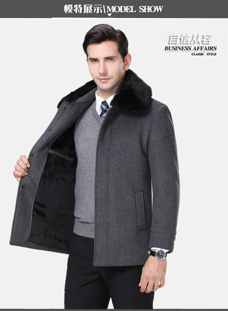 Winter Thickened Rabbit Collar Woolen Coat Business Cashmere Middle Age Man Wool Overcoat Lapel Velvet Warm Clothing Male