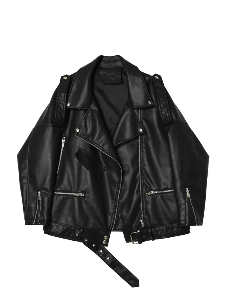 Ailegogo Spring Autumn Women Loose Black Pu Faux Leather Jacket Streetwear Motorcyle Biker Female Belt Zipper Coat Outwear