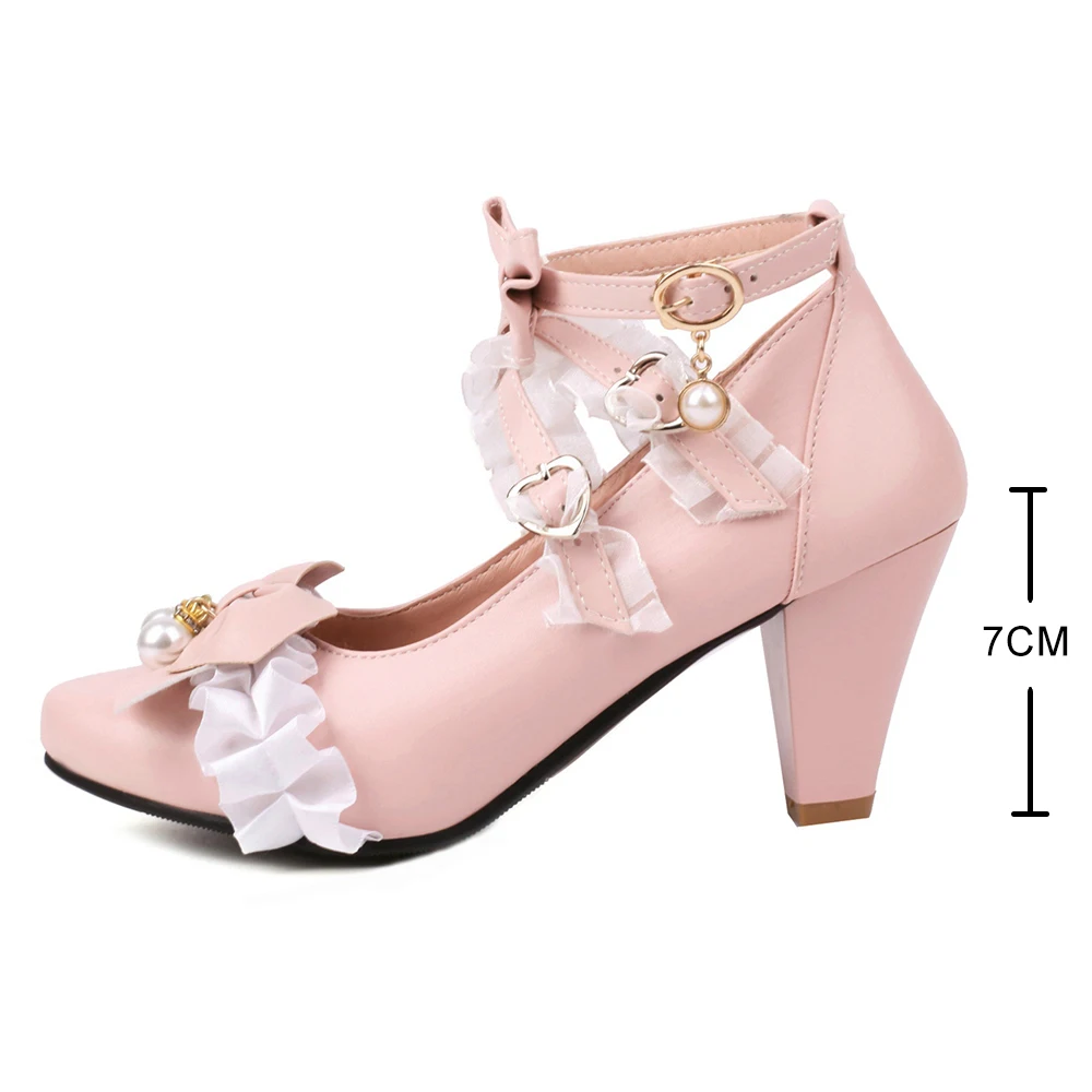 Spike Heel Princess Lolita Shoes Fashion Retro Women Cross Strap High Heels Bow Round Toe Ladies Leather Sweet Pumps Pink Black