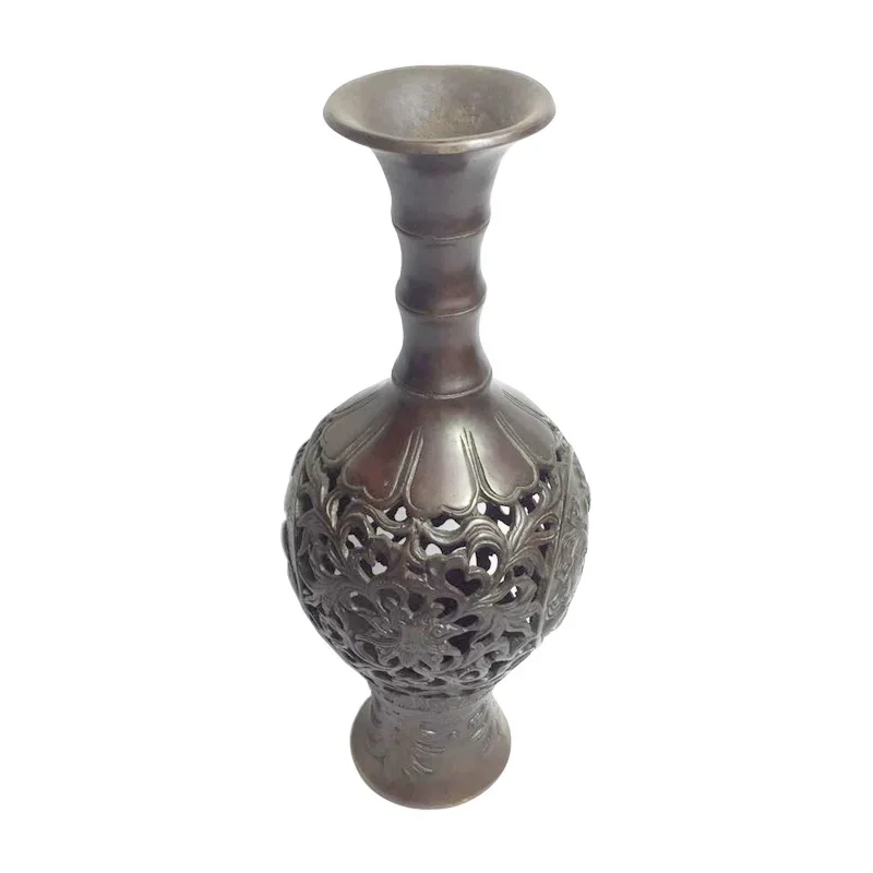 Archaize Chinese Style Pure Copper Vase Handicraft Hollow Out Vase Home Hotel Decoration Brass Vases for Gift