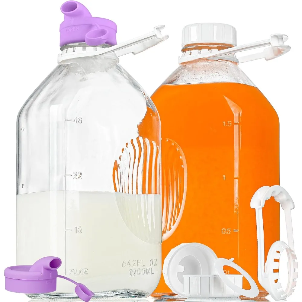 

2 Pack 64 Oz Glass Milk Bottles Heavy Duty 2 Qt 1/2 Gal with 3 Reusable Airtight Screw Lids 1 Silicone Spout 2 Scale Lines