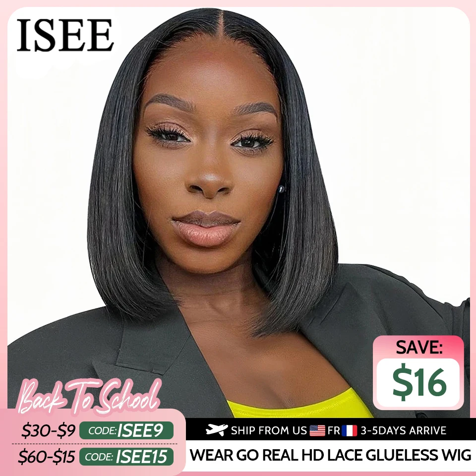 

ISEE HAIR Wear And Go Glueless Human Hair Wig Bob HD Lace Straight Short Bob 6x4 Lace Frontal Pre Plucked Human Wigs Ready To Go