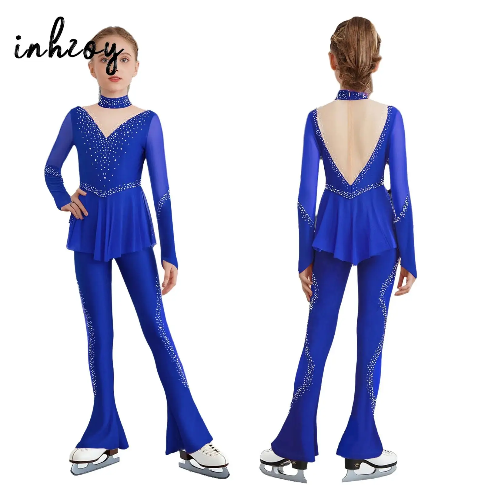 Kids Figure Skating Jumpsuit Performance Costume Sheer Mesh Rhinestones Romper with Long Sleeves Bell Bottom Peplum Bodysuit