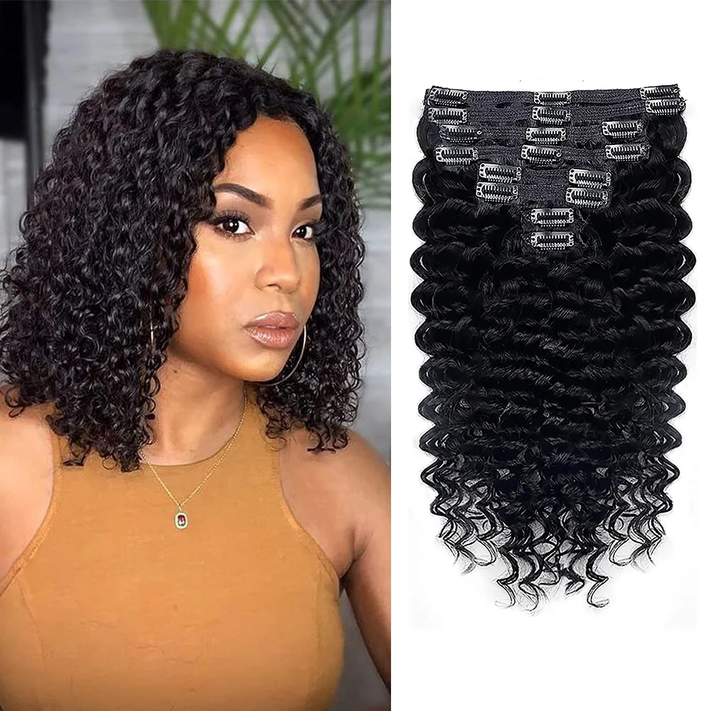 Clip en extensión rizado cabeza completa para mujeres negras cabello humano Remy brasileño Color Natural 8 piezas con 18 Clips 120 g/set