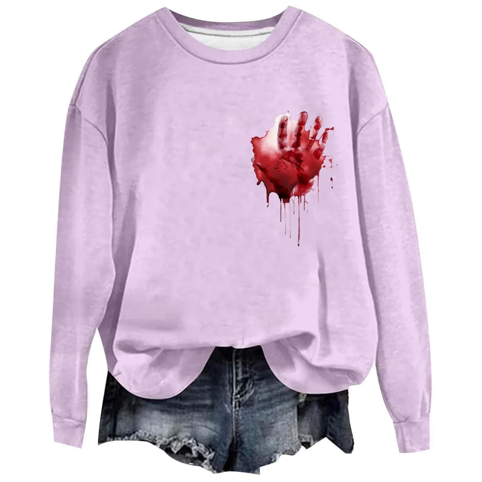 Women's 2024 Halloween Autumn And Winter Trendy Bloody Handprints Covering The Heart Printed Hoodless Round Neck Sports Tops