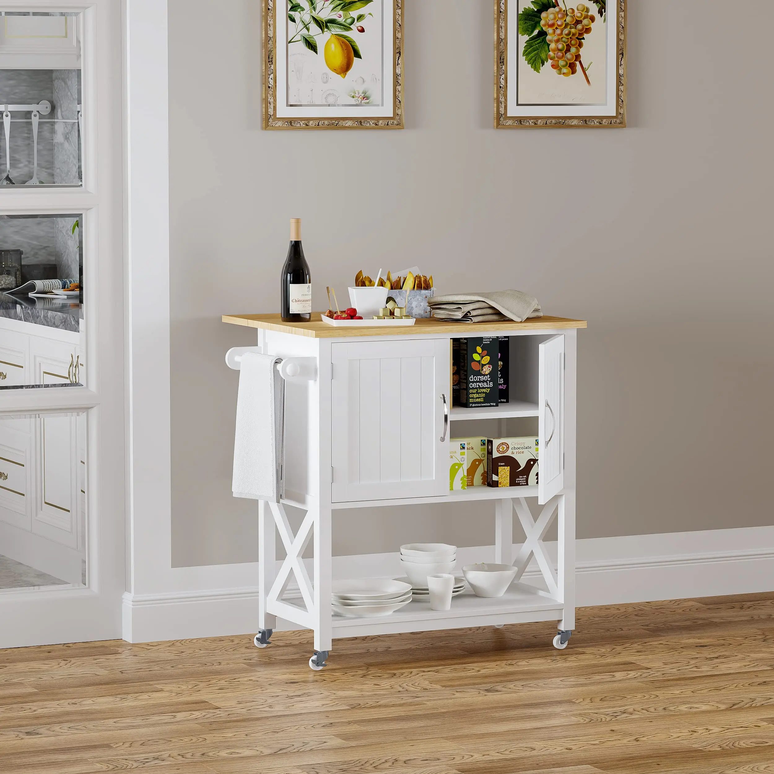 New Design Solid Wood Shelves Wheels Rolling Cart Kitchen Island with Storage Cabinet and Towel Rack