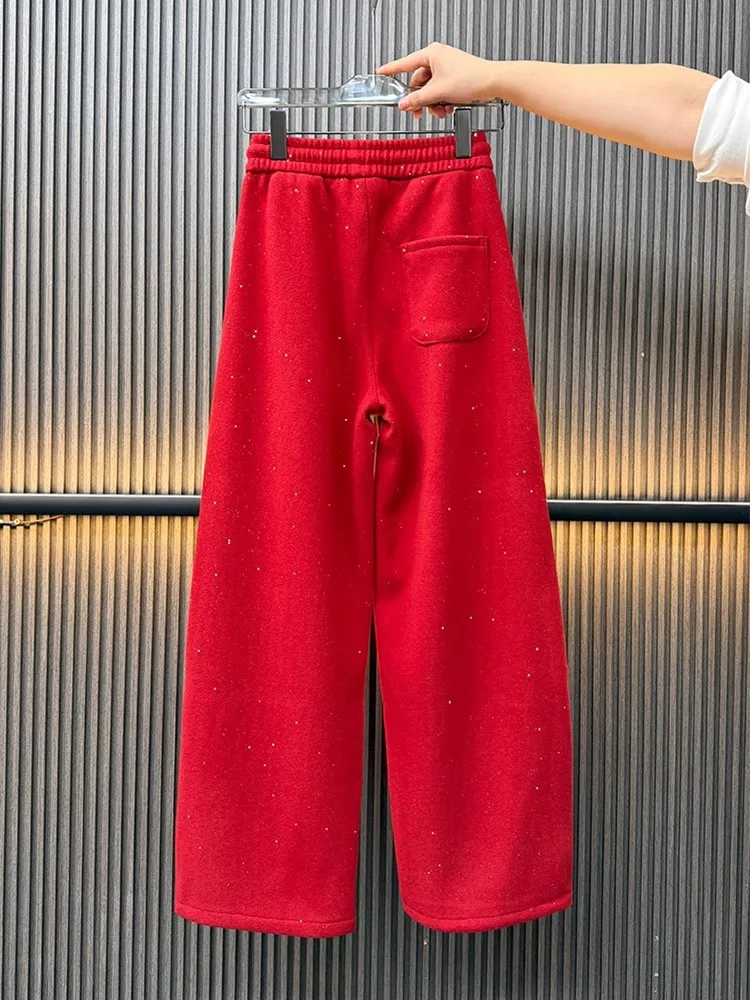 المرأة الأحمر بنطال ذو قصة أرجل واسعة شتاء جديد غرامة فلاش المخملية سميكة الدافئة عالية الخصر بنطلون الكورية فضفاض حجم كبير الطابق بنطلون